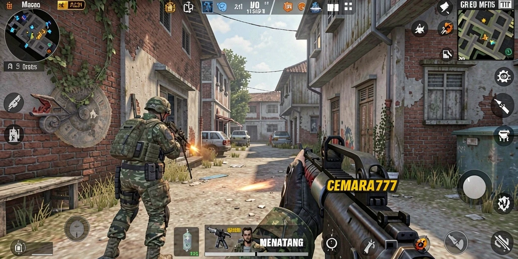 Tampilan gameplay menegangkan dari CEMARA777 dalam pertempuran FPS.
