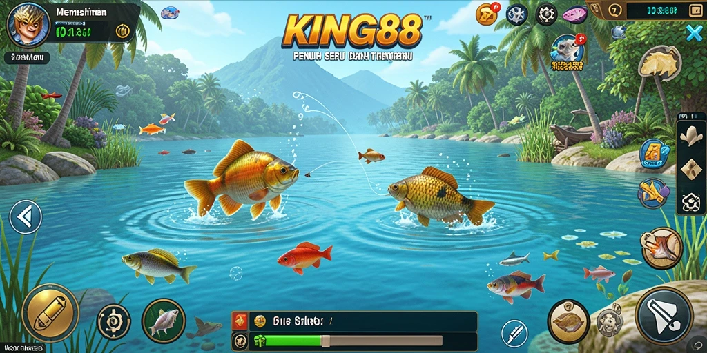 Screenshot gameplay KING88 yang menampilkan aksi memancing yang seru.