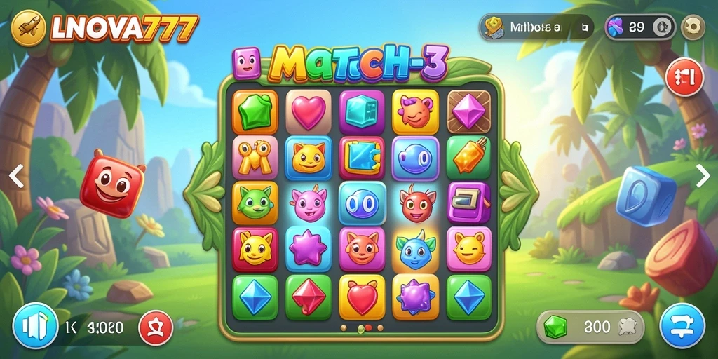 Gameplay seru LNOVA777 dengan tantangan Match-3 yang menarik.