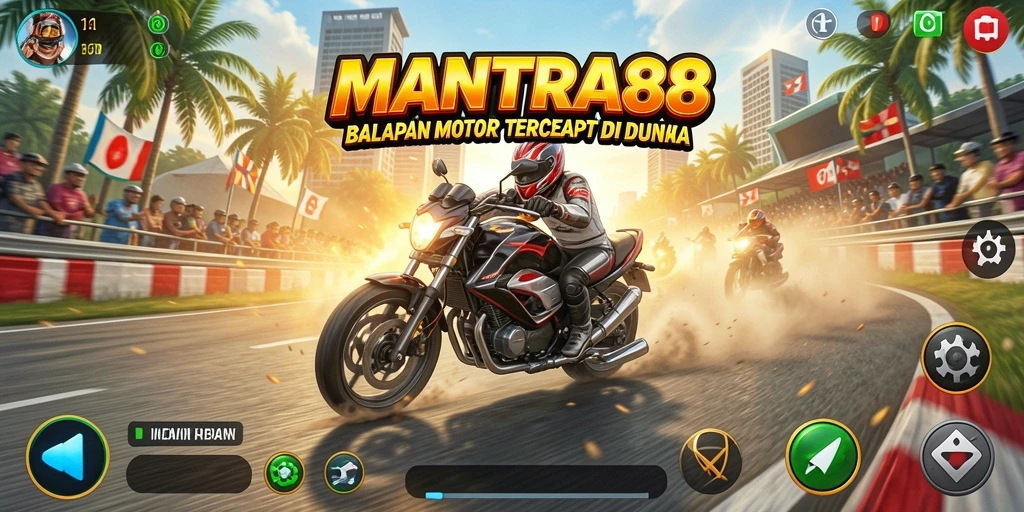 Screenshot utama menunjukkan aksi balapan seru di MANTRA88.