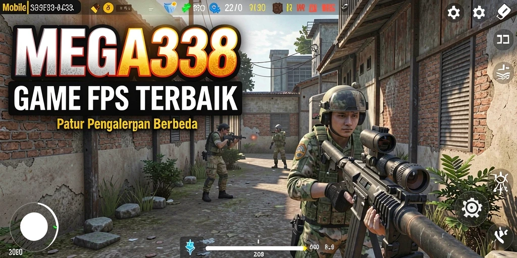 Screenshot utama MEGA338 menampilkan aksi intens di medan perang FPS.